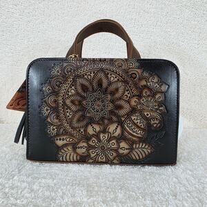 Mandala Embossed & Hand Painted Mexican Brown Vegan Leather Handbag